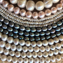 Load image into Gallery viewer, Beads, Pearls, Freshwater, Strands, Cultured, White, Cream, Peacock Grey, Orange-Pink, Coloured, Mussel,  Saltwater, Japan, USA, Taiwan, China, Necklaces, Bracelets, Earrings,  Jewellery