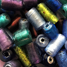 Load image into Gallery viewer, Silver Foil, Beads, Glass, Stubbies, Cylinders, Tubes, Topaz, Olive, Teal, Silver Grey, Navy, Purple, Emerald, Jewellery, Earrings, Necklaces, Bracelets, Leather, India, Indian, Tigertail,