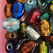 Load image into Gallery viewer, Silver Foil, Beads, Glass, Stubbies, Cylinders, Tubes, Navy, Clear, Aqua, Topaz, Olive, Teal, Silver Grey, Navy, Purple, Jewellery, Earrings, Necklaces, Bracelets, Leather, India, Indian, Tigertail,