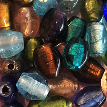 Load image into Gallery viewer, Silver Foil, Beads, Glass, Stubbies, Cylinders, Tubes, Navy, Clear, Aqua, Topaz, Olive, Teal, Silver Grey, Navy, Purple, Jewellery, Earrings, Necklaces, Bracelets, Leather, India, Indian, Tigertail,