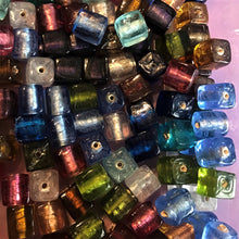 Load image into Gallery viewer, Silver Foil, Cubes, Beads, Glass, Aqua, Pink, Copper, Navy, Olive, Pale Blue, Forest Green, Clear, Aquamarine, Topaz, Purple, Lilac,  Jewellery, Earrings, Necklaces, Bracelets, Leather, India, Indian, Tigertail.