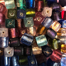 Load image into Gallery viewer, Silver Foil, Cubes, Beads, Glass, Aqua, Pink, Copper, Navy, Olive, Pale Blue, Forest Green, Clear, Aquamarine, Topaz, Purple, Lilac,  Jewellery, Earrings, Necklaces, Bracelets, Leather, India, Indian, Tigertail.