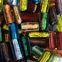Load image into Gallery viewer, Silver Foil, Flat Slabs, Keyring, Beads, Glass, Aqua, Pink, Copper, Navy, Olive, Teal, Pale Blue, Forest Green, Clear, Aquamarine, Topaz, Purple, Lilac, Jewellery, Earrings, Necklaces, Bracelets, Leather, India, Indian, Tigertail.
