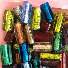 Load image into Gallery viewer, Silver Foil, Flat Slabs, Keyring, Beads, Glass, Aqua, Pink, Copper, Navy, Olive, Teal, Pale Blue, Forest Green, Clear, Aquamarine, Topaz, Purple, Lilac, Jewellery, Earrings, Necklaces, Bracelets, Leather, India, Indian, Tigertail.