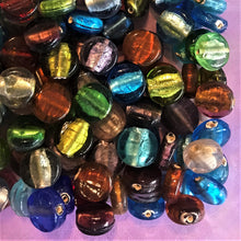 Load image into Gallery viewer, Silver Foil, Flat Disks, Keyring, Beads, Glass, Aqua, Pink, Copper, Navy, Olive, Teal, Pale Blue, Forest Green, Clear, Aquamarine, Topaz, Purple, Lilac, Keyrings, Jewellery, Earrings, Necklaces, Bracelets, Leather, India, Indian, Tigertail,