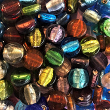 Load image into Gallery viewer, Silver Foil, Flat Disks, Keyring, Beads, Glass, Aqua, Pink, Copper, Navy, Olive, Teal, Pale Blue, Forest Green, Clear, Aquamarine, Topaz, Purple, Lilac, Keyrings, Jewellery, Earrings, Necklaces, Bracelets, Leather, India, Indian, Tigertail,