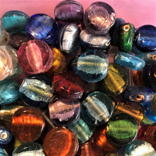 Load image into Gallery viewer, Silver Foil, Flat Disks, Keyring, Beads, Glass, Aqua, Pink, Copper, Navy, Olive, Teal, Pale Blue, Forest Green, Clear, Aquamarine, Topaz, Purple, Lilac, Keyrings, Jewellery, Earrings, Necklaces, Bracelets, Leather, India, Indian, Tigertail,