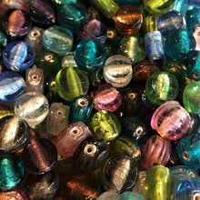 Load image into Gallery viewer, Silver Foil, Flat Disks, Keyring, Beads, Glass, Aqua, Pink, Copper, Navy, Olive, Teal, Pale Blue, Forest Green, Clear, Aquamarine, Topaz, Purple, Lilac, Keyrings, Jewellery, Earrings, Necklaces, Bracelets, Leather, India, Indian, Tigertail,