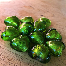 Load image into Gallery viewer, Green, Lime, Gold Flake, Silver Foil, Indian, Glass, Bead Curtain, Key Ring, Suncatcher, Necklace, Earrings, Hearts, Love, Puff Hearts, Collection, India,