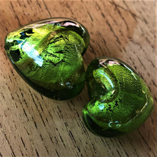 Load image into Gallery viewer, Green, Lime, Gold Flake, Silver Foil, Indian, Glass, Bead Curtain, Key Ring, Suncatcher, Necklace, Earrings, Hearts, Love, Puff Hearts, Collection, India,