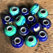 Load image into Gallery viewer, Green, Blue, Gold Leaf, Pandora, Pandora-Style, Czechoslovakia, Sterling, Core, Glass, Beads, Collection, Floral,