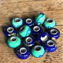 Load image into Gallery viewer, Green, Blue, Gold Leaf, Pandora, Pandora-Style, Czechoslovakia, Sterling, Core, Glass, Beads, Collection, Floral,