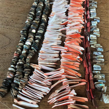 Load image into Gallery viewer, Pink, Brown, White, Purple, Orange, Beige, Strand, Shells, Seashell, Necklace, Bracelet, Earrings, Beads, Pendants, Shards, Collection, Suncatchers, Bead Curtains, Key Rings, Green Abalone Heishi, Red-Lip Mussel, Mother of Pearl, Slices, 900 Shells, Rectangle, Standout,