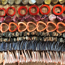 Load image into Gallery viewer, Pink, Brown, White, Purple, Orange, Beige, Strand, Shells, Seashell, Necklace, Bracelet, Earrings, Beads, Pendants, Shards, Collection, Suncatchers, Bead Curtains, Key Rings, Green Abalone Heishi, Tiger Cowries, Shell Donut Rings, Green Abalone Disks, Red-Lip Mussel, Mother of Pearl, Shell Heart Frames, Dyed, Slices, 1100 Shells, Rectangle, Slabs, Jewellery,