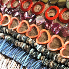 Load image into Gallery viewer, Pink, Brown, White, Purple, Orange, Beige, Strand, Shells, Seashell, Necklace, Bracelet, Earrings, Beads, Pendants, Shards, Collection, Suncatchers, Bead Curtains, Key Rings, Green Abalone Heishi, Tiger Cowries, Shell Donut Rings, Green Abalone Disks, Red-Lip Mussel, Mother of Pearl, Shell Heart Frames, Dyed, Slices, 1100 Shells, Rectangle, Slabs, Jewellery,