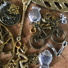 Load image into Gallery viewer, Charms, Pendants, Mixed Alloy, Jewellery, Fish, Bicycles, Coins, Surfboards, Peace Symbols, Snakes, Fruit, Flowers, Elephants, Dragons, Love Hearts, Skulls, Animals, Cobwebs, Brass, Antique Silver, Gold, Bronze, Brooch, Earrings,