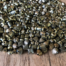 Load image into Gallery viewer, Rosaries, Suncatchers, Bead Curtains, Jewellery, Key Rings, Necklaces, Bracelets, Art Projects, Vintage-Styled, Metalised Plastic, Beads, Bicones, Rounds, Roses, Flowers, Collection, Mixed, Gold, Plastic,