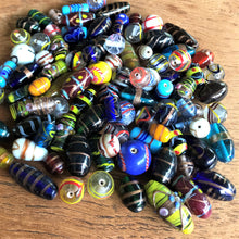 Load image into Gallery viewer, Lampwork, Glass, Indian, Keyring, Multicoloured, Ovals, Rounds, Tubes, Cylinder, Drops, Bicones, Blue, Green, Clear, Aqua, Purple, Red, Indian, Jewellery, Earrings, Necklaces, Bracelets, Assorted, Collection, Beads,