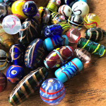 Load image into Gallery viewer, Lampwork, Glass, Indian, Keyring, Multicoloured, Ovals, Rounds, Tubes, Cylinder, Drops, Bicones, Blue, Green, Clear, Aqua, Purple, Red, Indian, Jewellery, Earrings, Necklaces, Bracelets, Assorted, Collection, Beads,