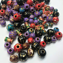 Load image into Gallery viewer, Lampwork, Glass, Afghan, Opaque, Frosted, Metal, Brass, Afghanistan, Frosted, Multicoloured, Ovals, Rounds, Tubes, Cylinder, Blue, Turquoise, Black, Green, Purple, Gold, Red, Jewellery, Earrings, Necklaces, Bracelets, Assorted, Collection, Beads,