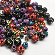 Load image into Gallery viewer, Lampwork, Glass, Afghan, Opaque, Frosted, Metal, Brass, Afghanistan, Frosted, Multicoloured, Ovals, Rounds, Tubes, Cylinder, Blue, Turquoise, Black, Green, Purple, Gold, Red, Jewellery, Earrings, Necklaces, Bracelets, Assorted, Collection, Beads,