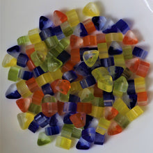 Load image into Gallery viewer, Glass, Triangle, India, Indian, Matt, Frosted, Varanasi, Jewellery, Bracelet, Necklace, Earrings, Bead Curtain, Suncatcher, 10mm, Orange, Navy, Yellow, Green, Lime,