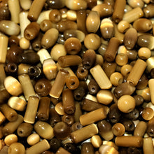 Load image into Gallery viewer, Tube, Round, Oval, Mix, India, Worldwide Beads, Glass, Cylinder, Collection, Brown, Mustard, Ivory, Gold, Topaz, Beige, Tawny, Cat’s Eye,