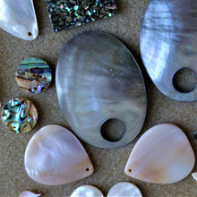 Load image into Gallery viewer, Pendant, Shield, Pau, Abalone, Mother of Pearl, Pink, White, Black, Pearl Shell, Shell, Eyebrows, Collection, Curtains, Suncatchers, Hearts, Drops, Dog Tags, Name Tags, Donuts, Yokes, Shards, Machetes, Fish, Birds, Jewellery, West Australia, Necklaces, Bracelets, Earrings, One-Of-A-Kind, Mix, Scissors, Pau Sparkle Tile, Pink Mother of Pearl,