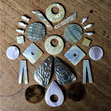 Load image into Gallery viewer, Pendant, Shield, Pau, Abalone, Mother of Pearl, Pink, White, Black, Pearl Shell, Shell, Eyebrows, Collection, Curtains, Suncatchers, Hearts, Drops, Dog Tags, Name Tags, Donuts, Yokes, Shards, Machetes, Fish, Birds, Jewellery, West Australia, Necklaces, Bracelets, Earrings, One-Of-A-Kind, Mix, Scissors, Pau Sparkle Tile, Pink Mother of Pearl,