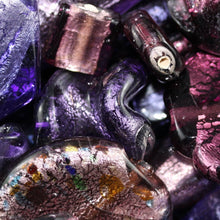 Load image into Gallery viewer, Purple Rhapsody, Chunky Beads, Glass, 2 Kilo, Two Kilogram, Colourful, Indian Silver Foil Beads, Silver Foil, Collections, Diamonds, Cubes, Hearts, Drops, Round, Tabular, Oval, Bicones, Cylinders, Slabs, Round, Gourds, Twists, Jewellery, Purple, Blackberry, Lilac, Violet, Fuchsia, Ruby, Magenta, Indigo, Mauve, Suncatchers, Indian, Bead Curtain, Beads, Statement, Gold, Speckled,