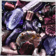 Load image into Gallery viewer, Purple Rhapsody, Chunky Beads, Glass, 2 Kilo, Two Kilogram, Colourful, Indian Silver Foil Beads, Silver Foil, Collections, Diamonds, Cubes, Hearts, Drops, Round, Tabular, Oval, Bicones, Cylinders, Slabs, Round, Gourds, Twists, Jewellery, Purple, Blackberry, Lilac, Violet, Fuchsia, Ruby, Magenta, Indigo, Mauve, Suncatchers, Indian, Bead Curtain, Beads, Statement, Gold, Speckled,