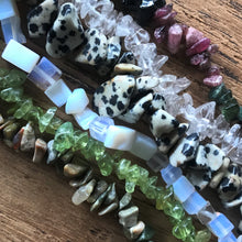 Load image into Gallery viewer, Quartz, Peridot, Dalmatian Jasper, Tourmaline, Synthetic Moonstone, Ocean Jasper, Semi-Precious, Stones, Strands, Chipstones, Chip Stones, Chips, Earrings, Necklaces, Clusters, Anklets, Bracelet, Gemstone, Worldwide, Jewellery, Spiritual, Healing, Multicoloured, Collection,