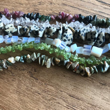 Load image into Gallery viewer, Quartz, Peridot, Dalmatian Jasper, Tourmaline, Synthetic Moonstone, Ocean Jasper, Semi-Precious, Stones, Strands, Chipstones, Chip Stones, Chips, Earrings, Necklaces, Clusters, Anklets, Bracelet, Gemstone, Worldwide, Jewellery, Spiritual, Healing, Multicoloured, Collection,