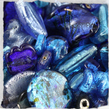 Load image into Gallery viewer, Seascapes Blue, Chunky Beads, Glass, 2 Kilo, Two Kilogram, Colourful, Indian Silver Foil Beads, Silver Foil, Collections, Diamonds, Cubes, Hearts, Drops, Round, Tabular, Oval, Bicones, Cylinders, Slabs, Round, Gourds, Twists, Jewellery, Blue, Cyan, Capri, Cerulean, Navy, Aqua, Sapphire, Cobalt, Azure, Suncatchers, Indian, Beads, Statement, Gold, Speckled,