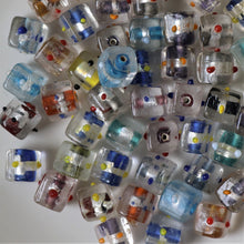 Load image into Gallery viewer, Glass, Cube, India, Indian, Varanasi, Silver Foil, Jewellery, Bracelet, Necklace, Earrings, Bead Curtain, Suncatcher, 10mm, Pink, Navy, Yellow, Red, Purple, Teal, Orange, Black, Green, Clear,