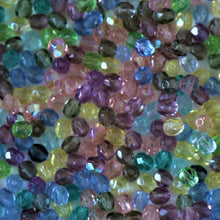 Load image into Gallery viewer, Multi-Coloured, Czechoslovakia, Czech Republic, Czech, Faceted, Crystal, Crystal Beads, Fire-Polished, Glass, Glass Beads, Jewellery, Designs, Necklace, Bracelet, Earrings, Anklet, Boho, Vintage, Yellow, Transparent, Purple, Pink, Lime, Green, Teal, Clear, Blue, Aqua, 4mm,