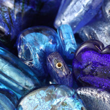 Load image into Gallery viewer, Seascapes Blue, Chunky Beads, Glass, 2 Kilo, Two Kilogram, Colourful, Indian Silver Foil Beads, Silver Foil, Collections, Diamonds, Cubes, Hearts, Drops, Round, Tabular, Oval, Bicones, Cylinders, Slabs, Round, Gourds, Twists, Jewellery, Blue, Cyan, Capri, Cerulean, Navy, Aqua, Sapphire, Cobalt, Azure, Suncatchers, Indian, Beads, Statement, Gold, Speckled,