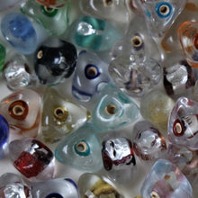Load image into Gallery viewer, Blue, Green, Red, Yellow, Purple, Orange, Silver, Varanasi, Suncatchers, Bead, Curtains, Jewellery, Necklaces, Bracelets, Earrings, Triangle, Three-Sided, Silver, Foil, Multi-Coloured, India, Global, Beads, Glass, Collection, Clear, Beads, 12mm