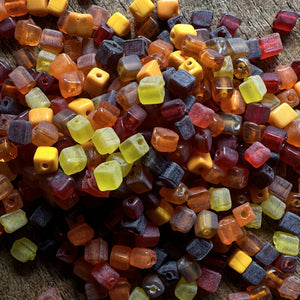Cube, Tangerine, Mango, Scarlet, Topaz, Yellow, Brown, Gold, Amber, Orange, Peach, Rust, Apricot, Saffron, Jonquil, Terracotta, Bronze, Copper, Tawny, Sienna, Fawn, Glass, Pony, India, Indian, Varanasi, Jewellery, Bracelet, Necklace, Earrings, 9mm, Frosted, Opaque, Glazed, Transparent, 