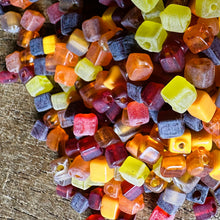 Load image into Gallery viewer, Cube, Tangerine, Mango, Scarlet, Topaz, Yellow, Brown, Gold, Amber, Orange, Peach, Rust, Apricot, Saffron, Jonquil, Terracotta, Bronze, Copper, Tawny, Sienna, Fawn, Glass, Pony, India, Indian, Varanasi, Jewellery, Bracelet, Necklace, Earrings, 9mm, Frosted, Opaque, Glazed, Transparent, 
