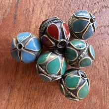 Load image into Gallery viewer, Turkoman Beads, Afghanistan, Turkmenistan, Brass, Turkoman,  Imperfections, Jewellery, Global Beads, Collection, Mix, Tigertail, Craftline, Leather, Necklace, Earrings, Ethnic, Tribal, Statement Jewellery, Top-Drill, Hole, Afghan, Middle Eastern, Enamel, Inlaid, Bracelet, Anklet, Filigree, Wire, Wrapping, Lapis Lazuli, Rustic, Old,

