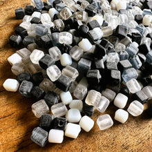 Load image into Gallery viewer, Cube, Glass, White, Sea Salt, Snow, Ivory, Grey, Clear, Virgin, Frosted, Naked, Black, Whitby Jet, Jet Black, Black Knight, Charcoal, India, Indian, Varanasi, Jewellery, Bracelet, Necklace, Earrings, Opaque, Glazed, Transparent, 5mm, Collection, Mix,
