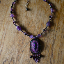 Load image into Gallery viewer, Dichroic Glass Pendant, Necklace, Delica Beads, Amethyst Stones, Vintage, Purple, Magenta, Lilac, Violet, Dangles, Semi-Precious, Rose Dakin, Unique, Hand-Crafted, Multi-Strand, Afghanistan, Papua New Guinea, Nepal, Africa, Europe, India, Jewellery, Wearable Art, Margaret River, Canadian Indian Heritage, Broome, Ocean Jasper, Lapis Lazuli, Malachite, Turquoise, Coral, Pearl Shell, Bone, Wood, Metal, Ethnic, Tribal, Statement, Western Australia,


