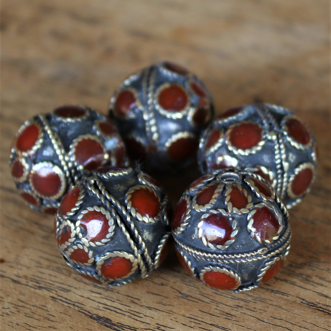 5pcs – 20x22mm Ethnic Turkoman Brass Beads with Rope-Style Jasper Enamel Inlay [E-10]