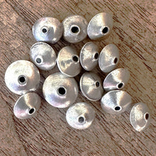 Load image into Gallery viewer, Silver, HillTribe, Pillow-Shaped Rondelle Saucers, Pure Silver, Hill Tribe, Thailand, Karen HillTribe, Beads, Metal, Charms, Pendants, 99.9%, Vietnam, Chasing, Hammer, Traditional Tools, Hand-Crafted, Artisans, Chasing Hammer, Silversmith, Ethnic, Jewellery, Earrings, Beaders, Bracelet, Necklace, Anklet, Tribal, Statement,
