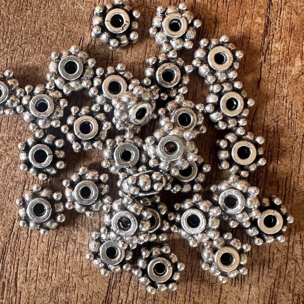 Sterling Silver, India, 925, Hexagon Daisy Flower Rondelles, Bali-Style, Metal, Beads, Silver, Spacers, Dangle, Charms, Pendants, Crafted, Silversmiths, Jewellery, Indian, Ethnic, Tribal, Bracelets, Earrings, Necklaces, Copper, Zinc, Nickel, 