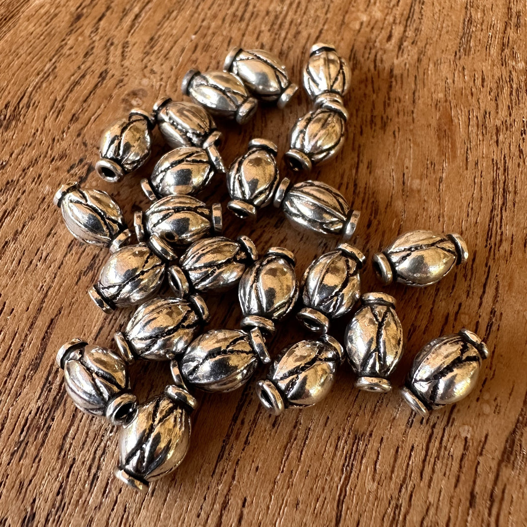 Sterling Silver, India, 925, Metal, Fluted, Oval Lantern Beads, Beads, Antique-Style, Silver, Dangle, Charms, Pendants, Crafted, Silversmiths, Jewellery, Indian, Ethnic, Tribal, Bracelets, Earrings, Necklaces, Copper, Zinc, Nickel, Statement Jewellery, 