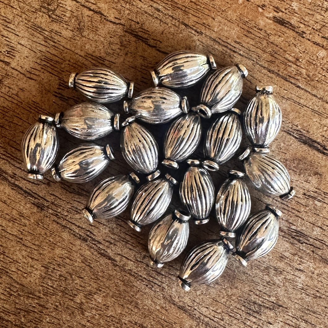 Sterling Silver, India, 925, Acorns, Fluted, Flower Imprints, Metal, Oval, Beads, Silver, Charms, Pendants, Crafted, Silversmiths, Jewellery, Indian, Ethnic, Tribal, Bracelets, Earrings, Necklaces, Copper, Zinc, Nickel, Statement Jewellery,