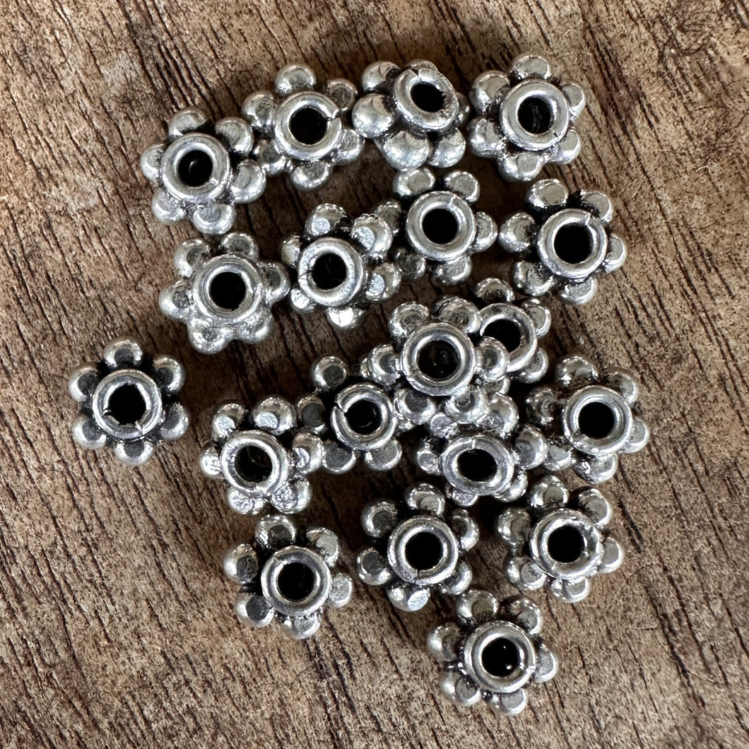 Sterling Silver, India, 925, Daisy Flower Rondelles, Bali-Style, Metal, Beads, Silver, Spacers, Dangle, Charms, Pendants, Crafted, Silversmiths, Jewellery, Indian, Ethnic, Tribal, Bracelets, Earrings, Necklaces, Copper, Zinc, Nickel, 