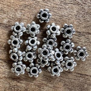 Sterling Silver, India, 925, Daisy Flower Rondelles, Bali-Style, Metal, Beads, Silver, Spacers, Dangle, Charms, Pendants, Crafted, Silversmiths, Jewellery, Indian, Ethnic, Tribal, Bracelets, Earrings, Necklaces, Copper, Zinc, Nickel, 